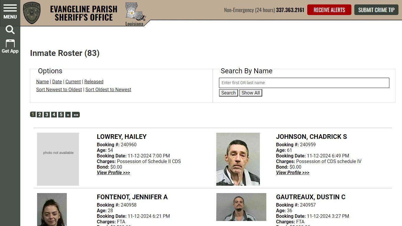 Inmate Roster | Evangeline Parish Sheriff | Sort Booking Time ...